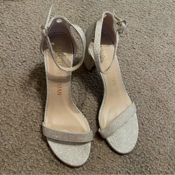 Stuart Weitzman Nudistcurve 75 Glitter Platino Block Heel Sandals Size 9