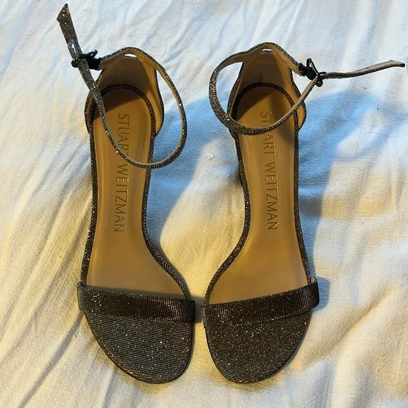 Stuart Weitzman Nudistcurve Glitter Block-Heel Sandals - 6