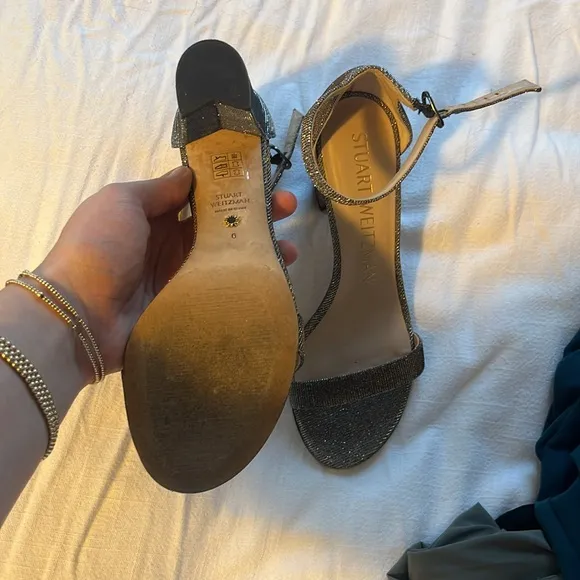 Stuart Weitzman Nudistcurve Glitter Block-Heel Sandals - 6