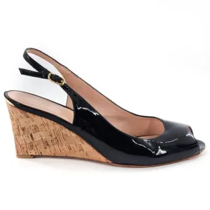 STUART WEITZMAN Patent Leather Peep Toe Slingback Wedge Pump Sandals
