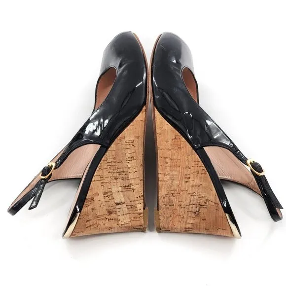 STUART WEITZMAN Patent Leather Peep Toe Slingback Wedge Pump Sandals