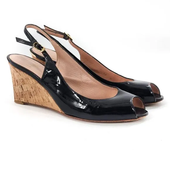 STUART WEITZMAN Patent Leather Peep Toe Slingback Wedge Pump Sandals