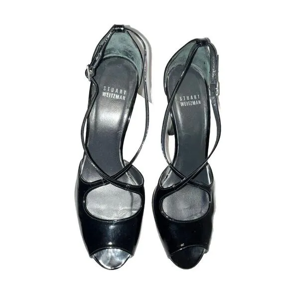 Stuart Weitzman Patent Leather Platform Strappy Pumps Stiletto Heel Black Sz 7.5