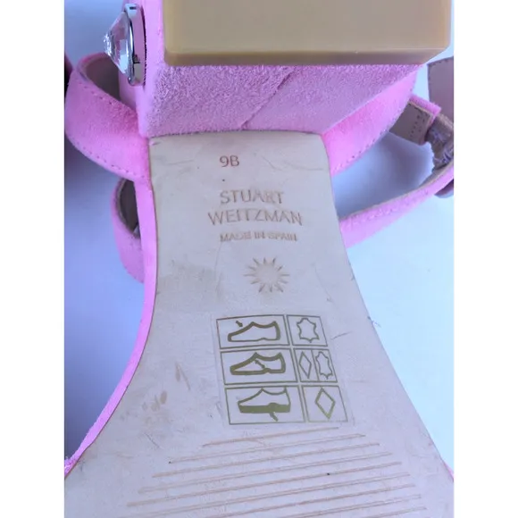 Stuart Weitzman Pink Suede Sandals Crystal Block Heel Ankle Strap Women's Size 9