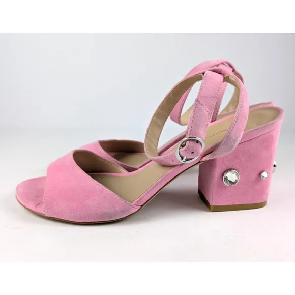 Stuart Weitzman Pink Suede Sandals Crystal Block Heel Ankle Strap Women's Size 9