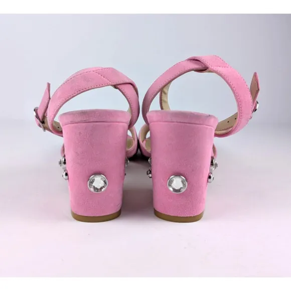 Stuart Weitzman Pink Suede Sandals Crystal Block Heel Ankle Strap Women's Size 9
