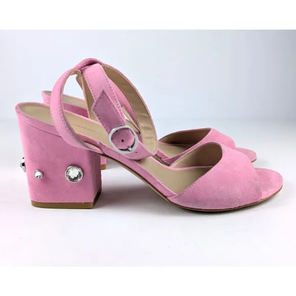 Stuart Weitzman Pink Suede Sandals Crystal Block Heel Ankle Strap Women's Size 9