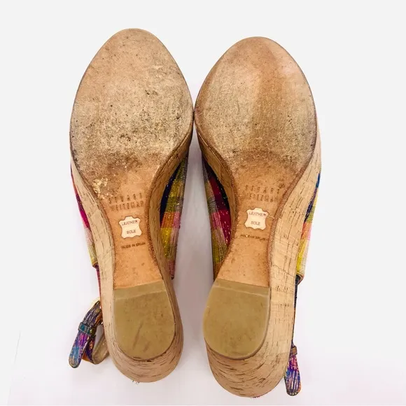 STUART WEITZMAN Plaid Metallic Tinsel Cork Wedge Open Toe Sling Back San…