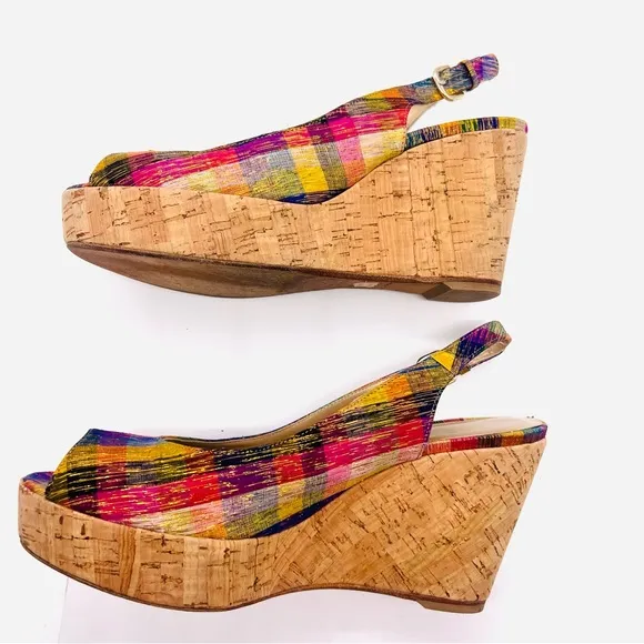 STUART WEITZMAN Plaid Metallic Tinsel Cork Wedge Open Toe Sling Back San…