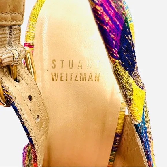 STUART WEITZMAN Plaid Metallic Tinsel Cork Wedge Open Toe Sling Back San…