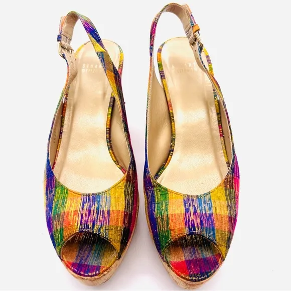 STUART WEITZMAN Plaid Metallic Tinsel Cork Wedge Open Toe Sling Back San…