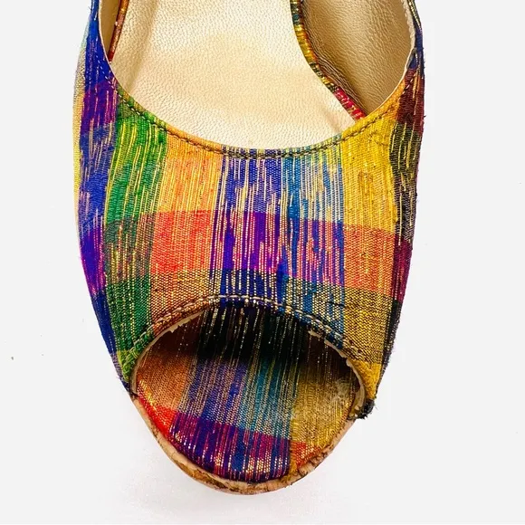 STUART WEITZMAN Plaid Metallic Tinsel Cork Wedge Open Toe Sling Back San…