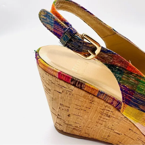 STUART WEITZMAN Plaid Metallic Tinsel Cork Wedge Open Toe Sling Back San…