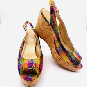 STUART WEITZMAN Plaid Metallic Tinsel Cork Wedge Open Toe Sling Back San…
