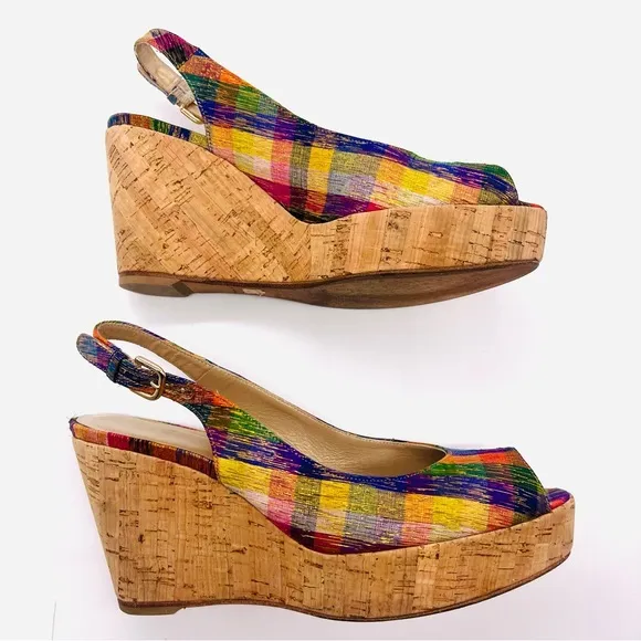 STUART WEITZMAN Plaid Metallic Tinsel Cork Wedge Open Toe Sling Back San…