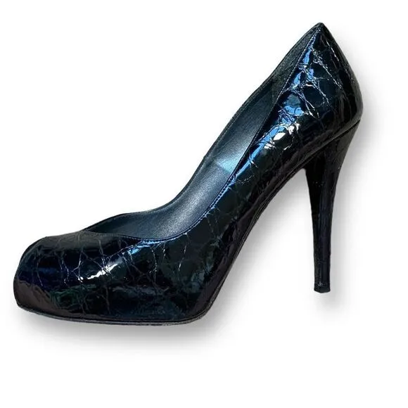 Stuart Weitzman Platform Heels Black Patent Leather Snakeskin Embossed Pumps