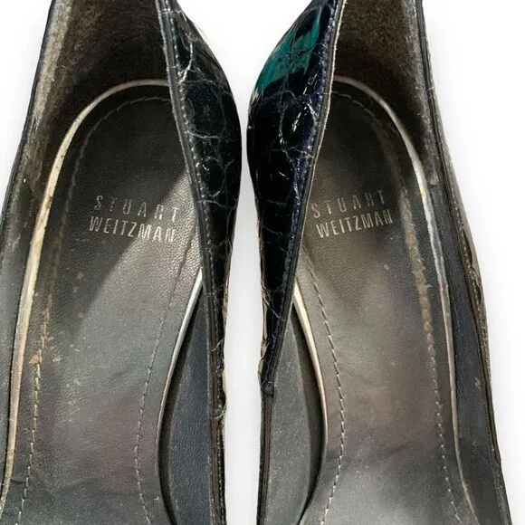 Stuart Weitzman Platform Heels Black Patent Leather Snakeskin Embossed Pumps