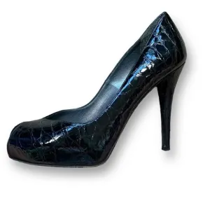 Stuart Weitzman Platform Heels Black Patent Leather Snakeskin Embossed Pumps