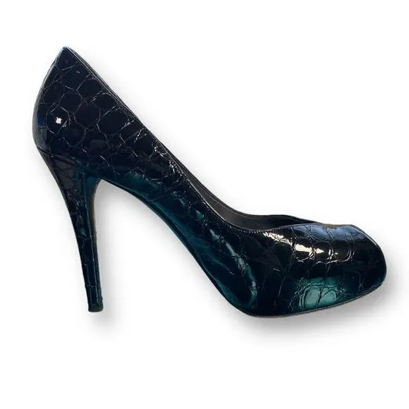 Stuart Weitzman Platform Heels Black Patent Leather Snakeskin Embossed Pumps