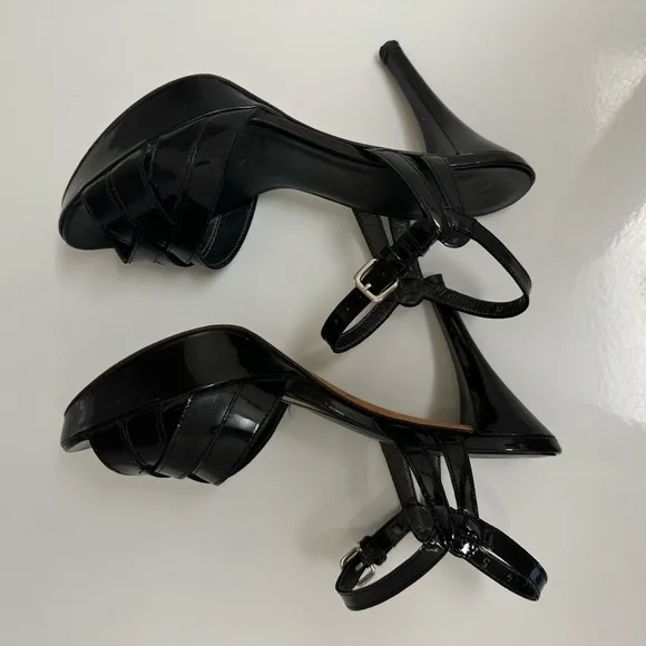 Stuart Weitzman Platform Stiletto Heels Open Toe Black Patent Leather Women's 5M