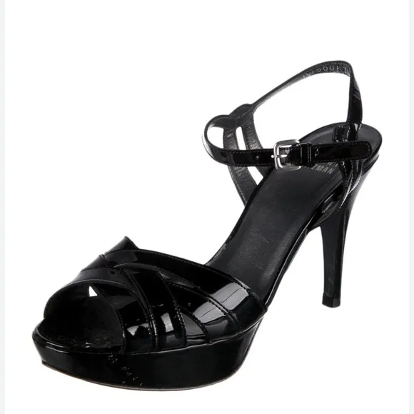 Stuart Weitzman Platform Stiletto Heels Open Toe Black Patent Leather Women's 5M