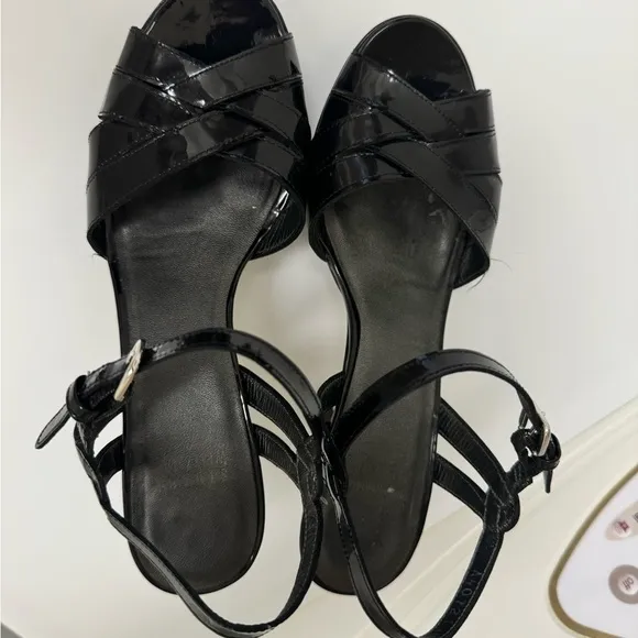 Stuart Weitzman Platform Stiletto Heels Open Toe Black Patent Leather Women's 5M