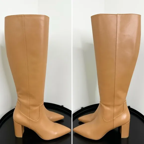 Stuart Weitzman Renegade Block Heel Leather Knee High Boots Almond Size 10 NWT