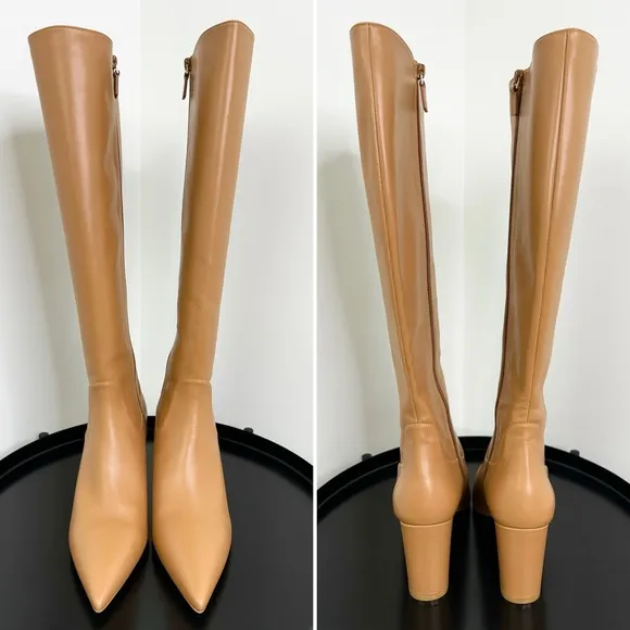 Stuart Weitzman Renegade Block Heel Leather Knee High Boots Almond Size 10 NWT