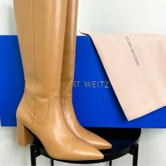 Stuart Weitzman Renegade Block Heel Leather Knee High Boots Almond Size 10 NWT