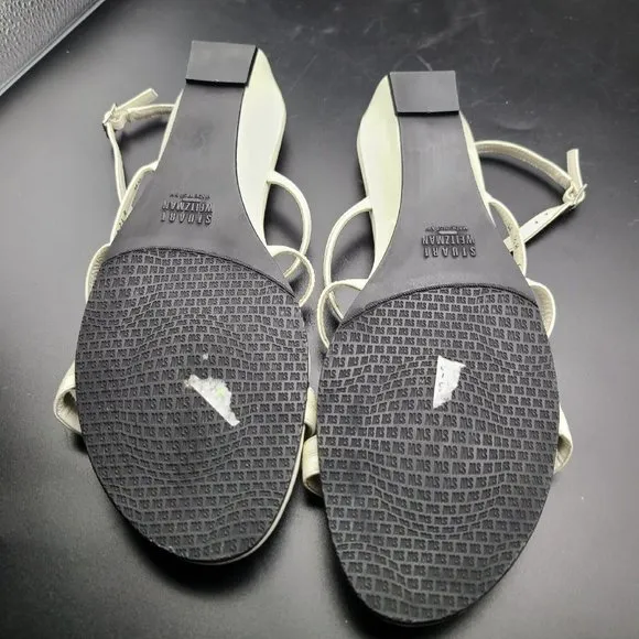 Stuart Weitzman sandal white patent low wedge shoes silver chain T-strap sz 8.5
