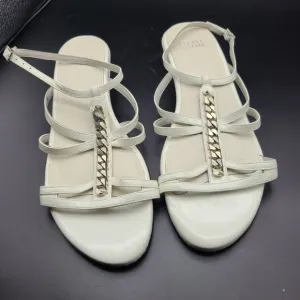 Stuart Weitzman sandal white patent low wedge shoes silver chain T-strap sz 8.5