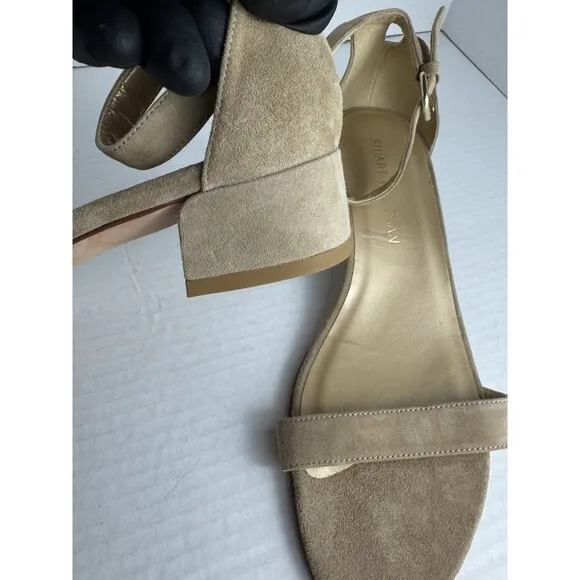 Stuart Weitzman Sandals Beige Suede US 8.5 Low Block Heel EU 39