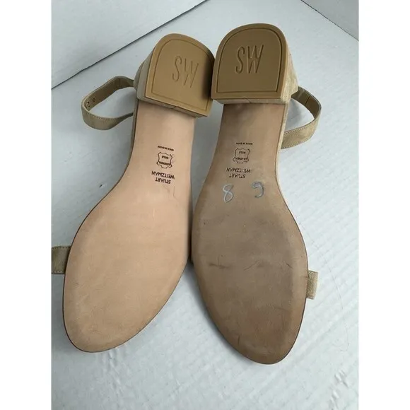 Stuart Weitzman Sandals Beige Suede US 8.5 Low Block Heel EU 39