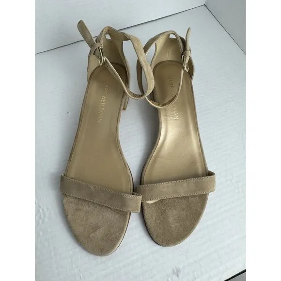 Stuart Weitzman Sandals Beige Suede US 8.5 Low Block Heel EU 39