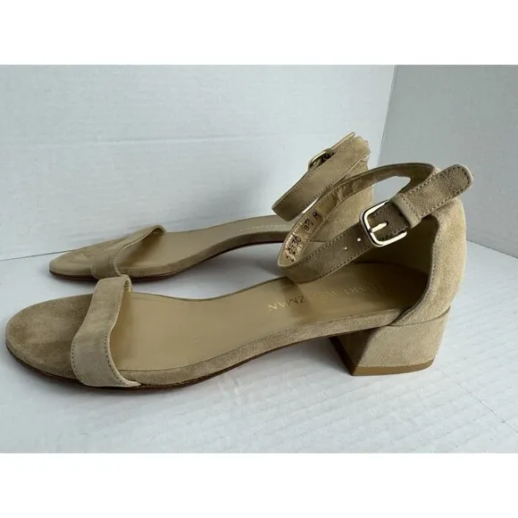 Stuart Weitzman Sandals Beige Suede US 8.5 Low Block Heel EU 39