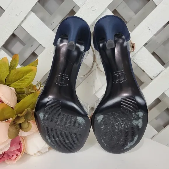 Stuart Weitzman Sincity T Strap Rose Gold and Navy Heeled Sandal Size 8