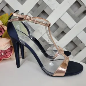 Stuart Weitzman Sincity T Strap Rose Gold and Navy Heeled Sandal Size 8