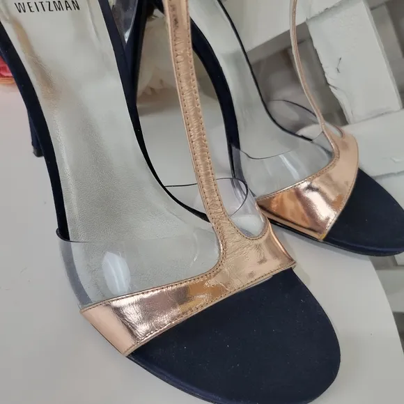 Stuart Weitzman Sincity T Strap Rose Gold and Navy Heeled Sandal Size 8
