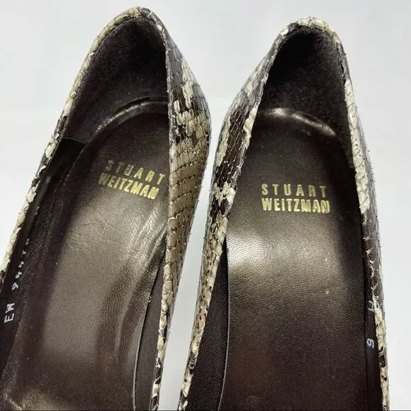 Stuart Weitzman Snakeskin Python Leather Peep Toe High Heels Shoes Black Tan 6