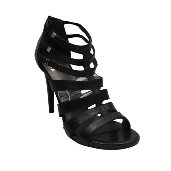 Stuart Weitzman Strappy Black Leather High Heel Sandals Zipper Back Womens Size