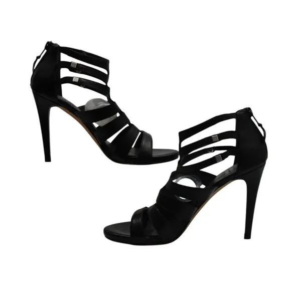 Stuart Weitzman Strappy Black Leather High Heel Sandals Zipper Back Womens Size