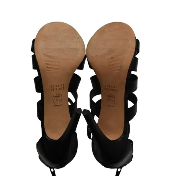 Stuart Weitzman Strappy Black Leather High Heel Sandals Zipper Back Womens Size