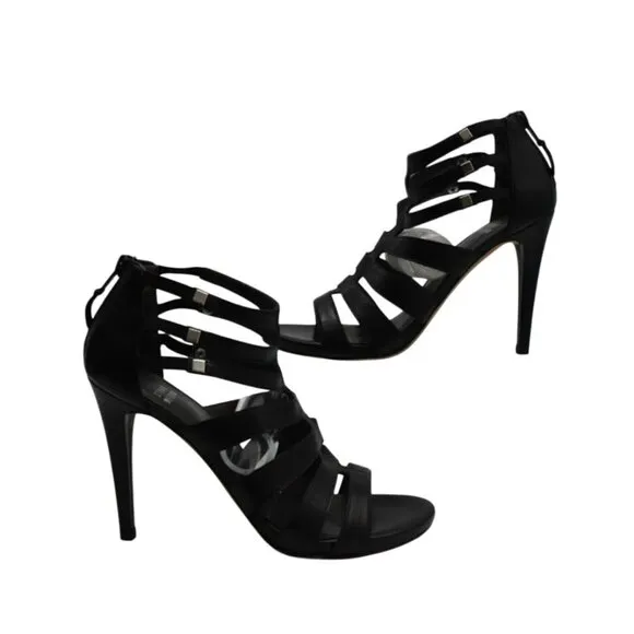 Stuart Weitzman Strappy Black Leather High Heel Sandals Zipper Back Womens Size