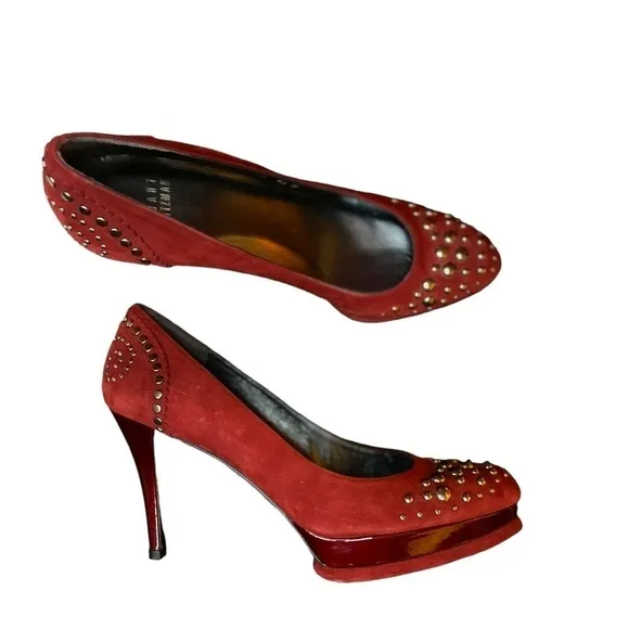 Stuart Weitzman Studded Suede Shoes Stilettos Size 8.5 Red