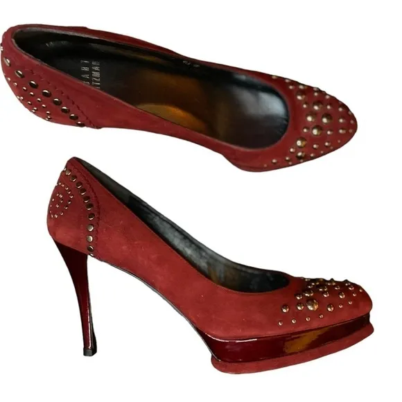 Stuart Weitzman Studded Suede Shoes Stilettos Size 8.5 Red