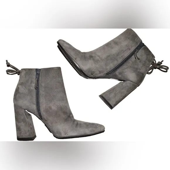 STUART WEITZMAN SZ 38 7.5 M GRAY SUEDE LEATHER BLOCK HEEL TIE BACK BOOTS BOOTIES