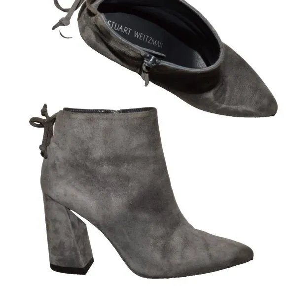 STUART WEITZMAN SZ 38 7.5 M GRAY SUEDE LEATHER BLOCK HEEL TIE BACK BOOTS BOOTIES