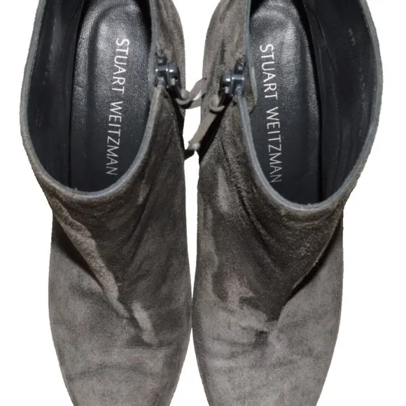 STUART WEITZMAN SZ 38 7.5 M GRAY SUEDE LEATHER BLOCK HEEL TIE BACK BOOTS BOOTIES