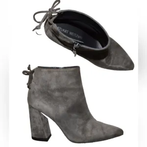 STUART WEITZMAN SZ 38 7.5 M GRAY SUEDE LEATHER BLOCK HEEL TIE BACK BOOTS BOOTIES