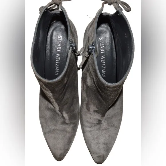 STUART WEITZMAN SZ 38 7.5 M GRAY SUEDE LEATHER BLOCK HEEL TIE BACK BOOTS BOOTIES